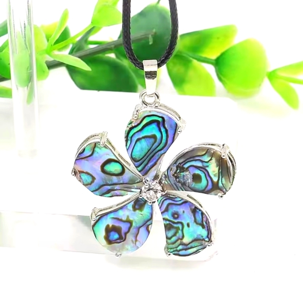 NATURAL Multi-color Abalone Shell Flower Shaped Pendant With Rhinestone